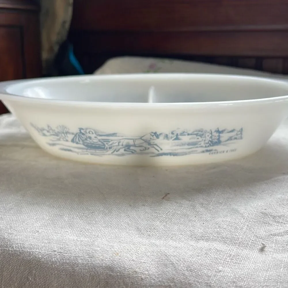 Vintage Glasbake divided dish Currier & Ives